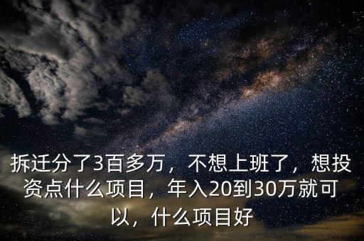 拆遷分了3百多萬，不想上班了，想投資點什么項目，年入20到30萬就可以，什么項目好