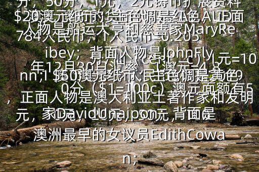1 澳幣是多少人民幣$根據(jù)2019年12月30日匯率，1澳元=4.8784人民幣，1人民幣=0.205澳元 澳幣的貨幣代碼是A$,AUD，分/仙（cent，c）1元=100分（$1=100c）澳元面額有5元，10元，20元，50元，100元的塑料錢幣另有5分，10分，20分，50分，1元，2元鑄幣擴展資料$20澳元紙幣：主色調(diào)是紅色，正面人物是船運大亨和慈善家MaryReibey；背面人物是JohnFlynn；$50澳元紙幣：主色調(diào)是黃色，正面人物是澳大利亞土著作家和發(fā)明家DavidUnaipon；背面是澳洲最早的女議員EdithCowan；